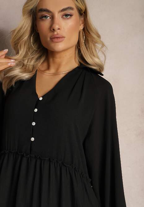 Rochie Maxi Neagră în Cloș cu Volane și Guler Rehtima 5