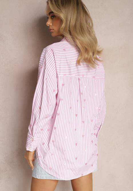 Różowa Bawełniana Koszula Ozdobiona Wzorem w Cienkie Paski i Serduszka Vatille 4