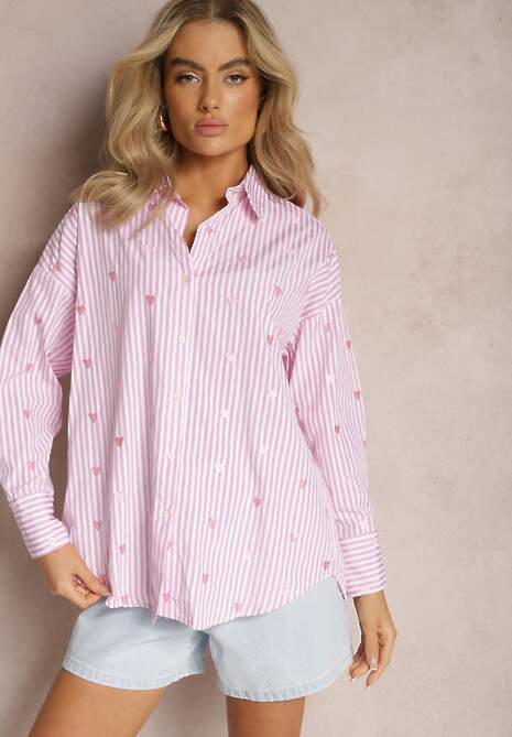 Różowa Bawełniana Koszula Ozdobiona Wzorem w Cienkie Paski i Serduszka Vatille