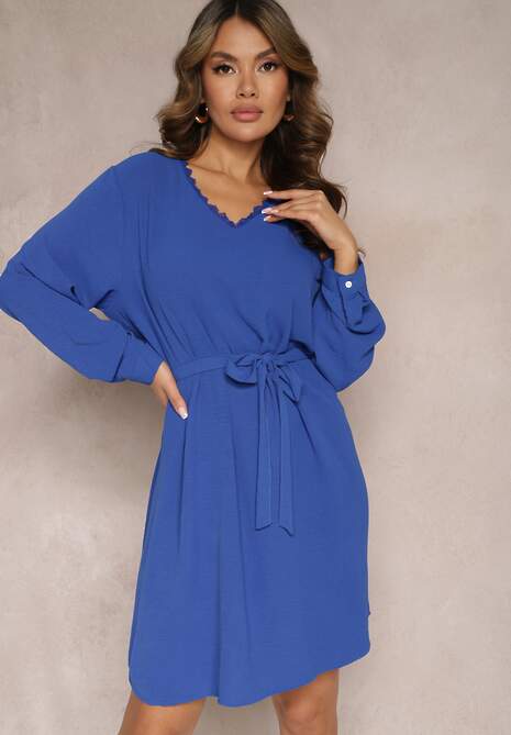 Rochie mini bleumarin clos cu aplicatie din dantela si curea Ailetras 4