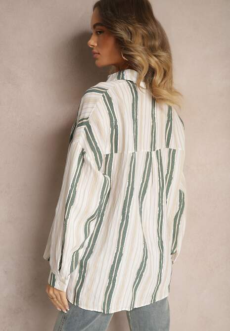 Beżowa Casualowa Koszula z Bawełny w Paski Sileata 4