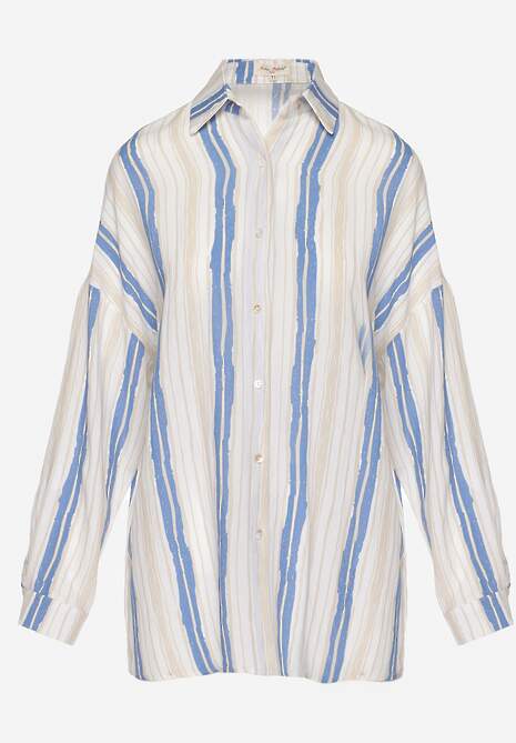 Beżowo-Niebieska Casualowa Koszula z Bawełny w Paski Sileata 6