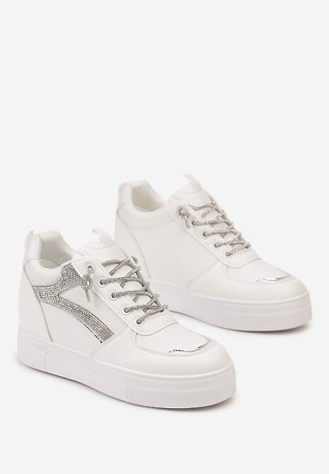 Sneakerși Albi cu Perforatii și Pietre Strass pe Platforma Ascunsa Sylhina 4
