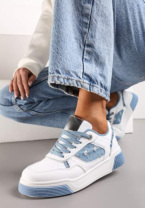 Biało-Niebieskie Buty Sportowe na Prążkowanej Podeszwie Zdobione Jeansowymi Detalami Miraga