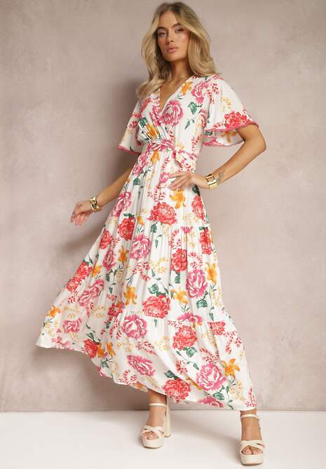 Rochie Albă cu Decolteu Petrecut și Volan Ornată cu Motiv Floral Nisavela 4