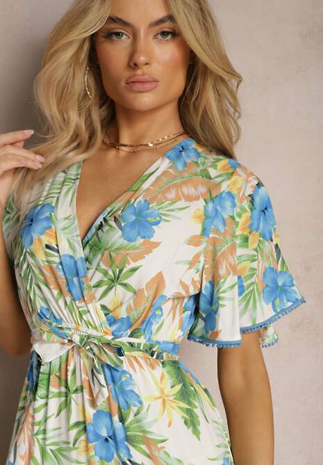 Rochie Alb-Verde de Vară Maxi în Flori cu Elastic și Curea de Legat în Talie Uveilla 5