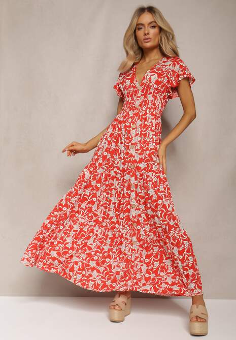 Czerwona Sukienka z Gumką w Pasie w Kwiatowy Wzór z Ozdobnymi Guzikami Ellsa