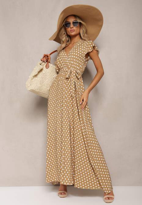 Beżowa Sukienka Maxi w Kropki z Plisowanym Dołem i Trójkątnym Dekoltem Florieas