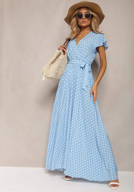 Niebieska Sukienka Maxi w Kropki z Plisowanym Dołem i Trójkątnym Dekoltem Florieas