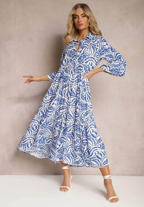 Biało-Niebieska Sukienka Maxi z Falbanką z Guzikami i Orientalnym Wzorem Polka