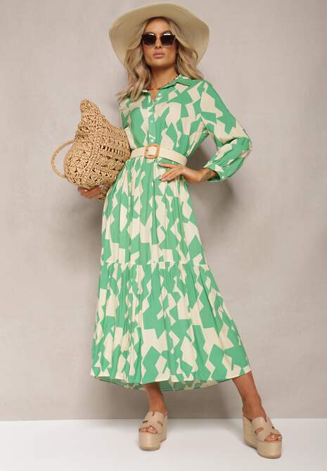 Zielona Koszulowa Sukienka Maxi w Geometryczny Wzór Qerida