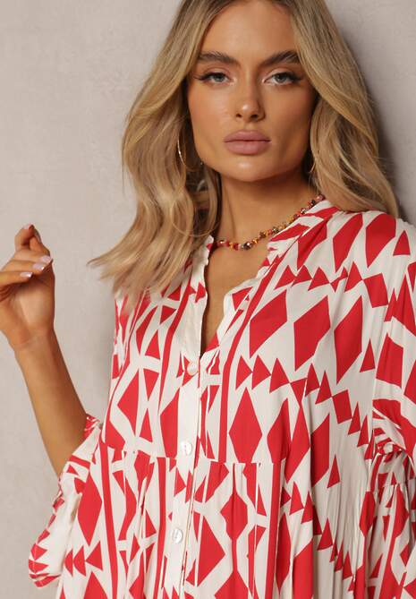 Rochie midi roșu-albă evazată cu model geometric și volane Mefdia 5