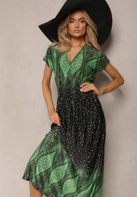 Zielona Wiskozowa Sukienka z Koperowym Dekoltem Maxi Sllvana