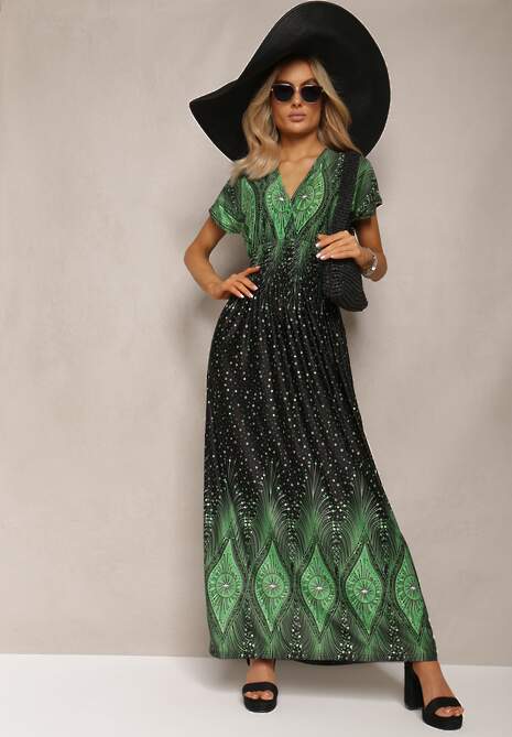 Zielono-Czarna Wiskozowa Sukienka z Koperowym Dekoltem Maxi Sllvana