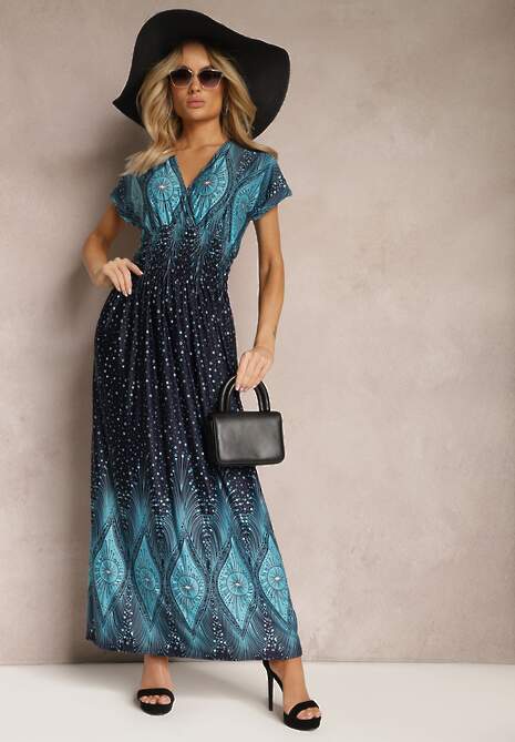 Niebiesko-Granatowa Wiskozowa Sukienka z Koperowym Dekoltem Maxi Sllvana