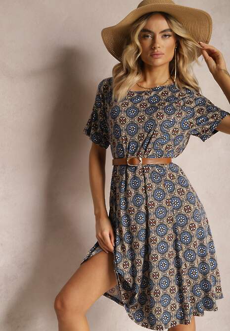 Rochie midi bleumarin-maro cu model mozaic din viscoză cu croi evazat Vechaina 4