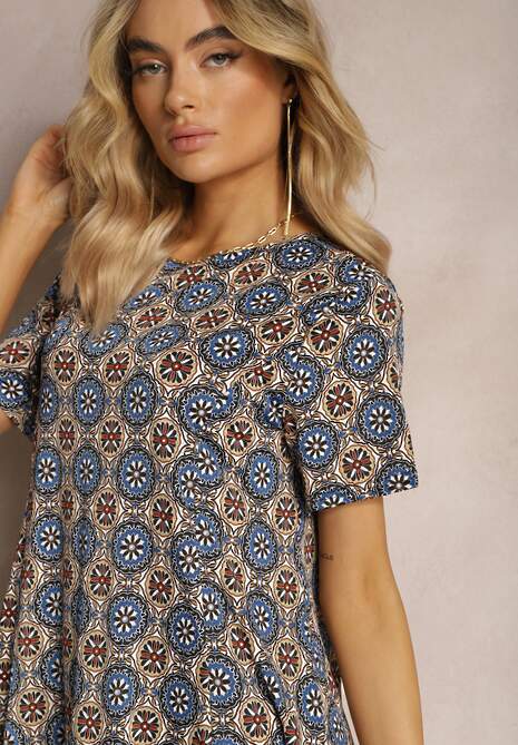 Rochie midi bleumarin-maro cu model mozaic din viscoză cu croi evazat Vechaina 5