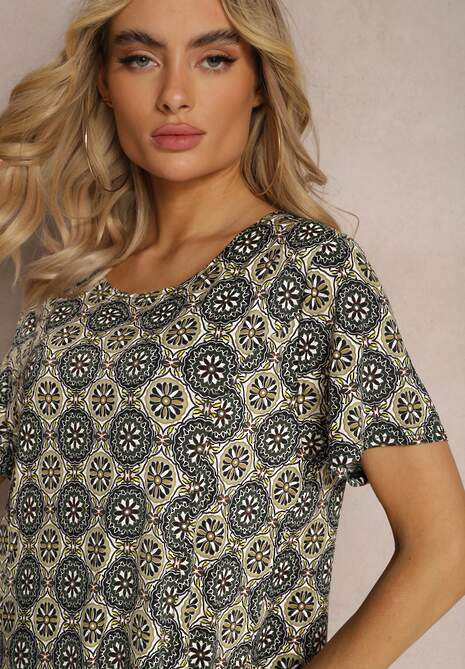 Rochie midi verde-bleumarin cu model mozaic din viscoză cu croi evazat Vechaina 5