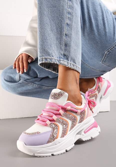 Różowo-fioletowe Sneakersy na Masywnej Podeszwie Odobione Brokatem Thirlas