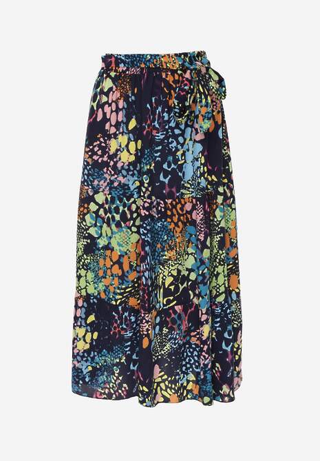 Granatowa Spódnica z Wiskozy z Gumką w Pasie Ozdobiona Abstrakcyjnym Printem Bimella 6