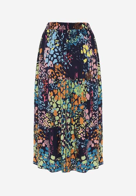 Granatowa Spódnica z Wiskozy z Gumką w Pasie Ozdobiona Abstrakcyjnym Printem Bimella 7
