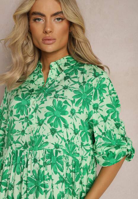 Rochie verde înflorată cu partea de sus tip cămașă Nealavin 5