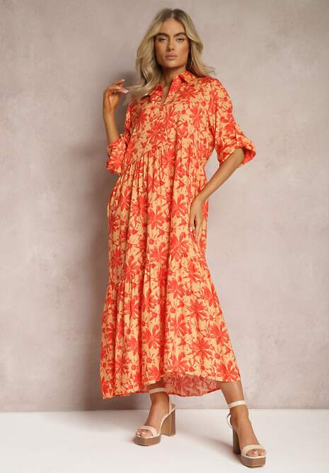 Rochie portocalie evazată cu partea de sus tip cămașă și imprimeu floral Nealavin 4