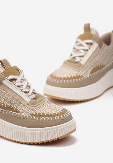 Sneakers Orilenes Bej Închis Din Tweed Cu Platformă Și Cusături 5