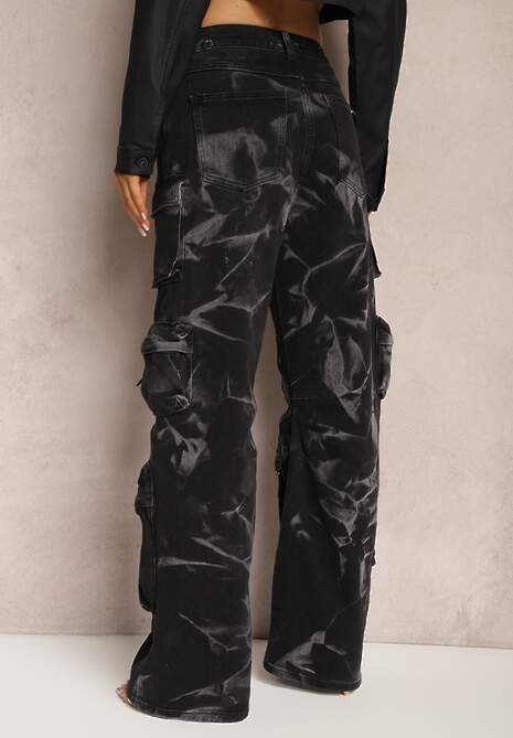 Czarne Jeansy Cargo Ozdobione Marmurkowym Wzorem Tie-Dye Elysiama 4