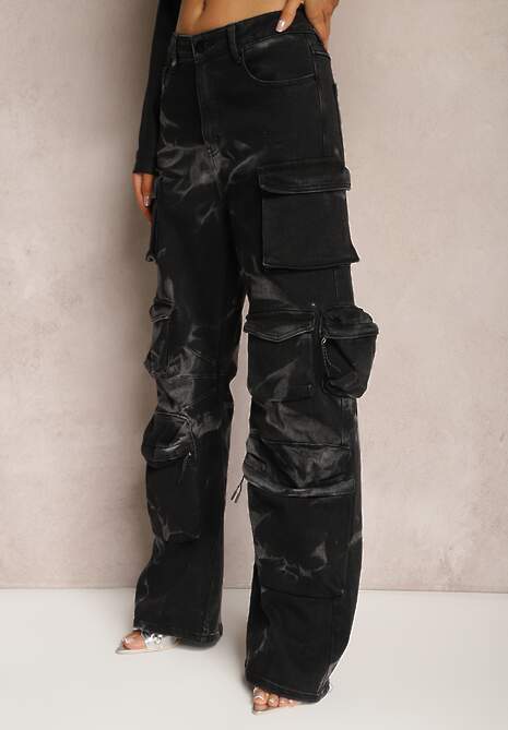 Czarne Jeansy Cargo Ozdobione Marmurkowym Wzorem Tie-Dye Elysiama