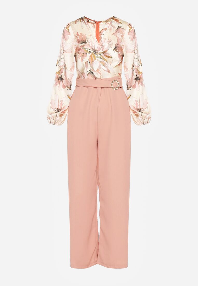 Salopetă florală roz cu decolteu în V, curea și pantaloni largi Vinia 6