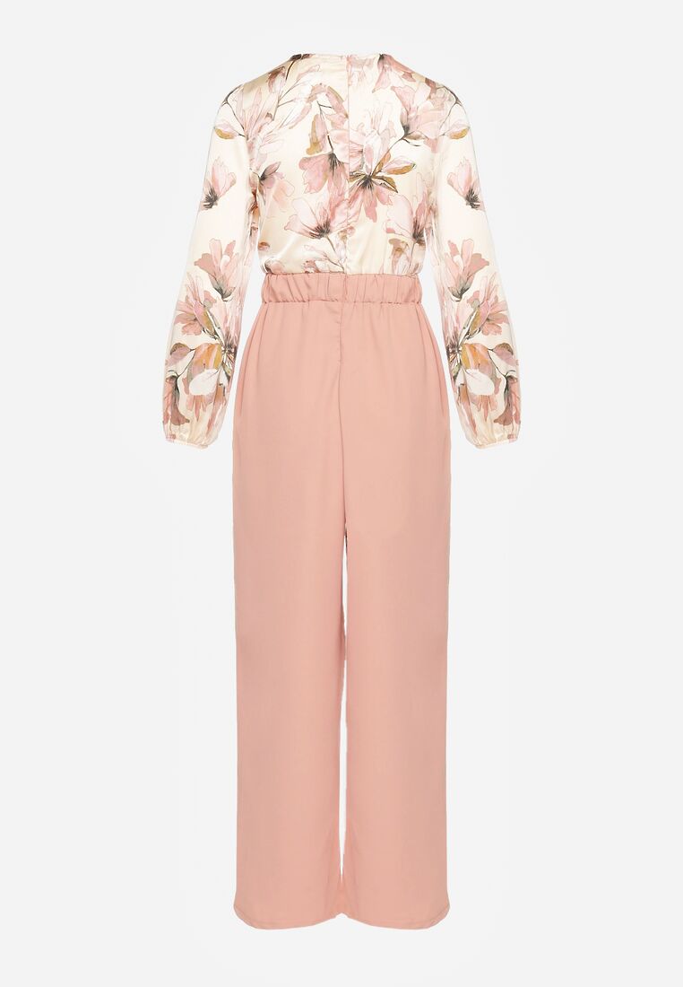 Salopetă florală roz cu decolteu în V, curea și pantaloni largi Vinia 7