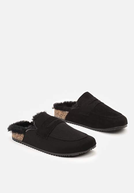 Papuci Negre din Imitatie de Camosu pe Talpa de Plută cu Blană și Cusături Sileath 4