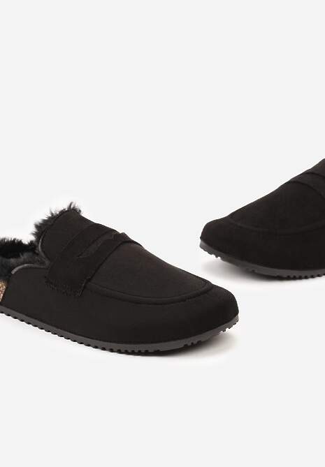 Papuci Negre din Imitatie de Camosu pe Talpa de Plută cu Blană și Cusături Sileath 5
