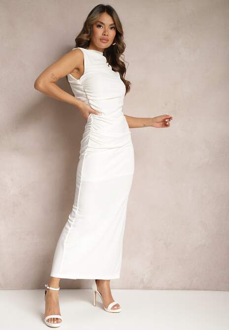 Biała Dopasowana Sukienka Maxi z Marszczeniami Aeriessa