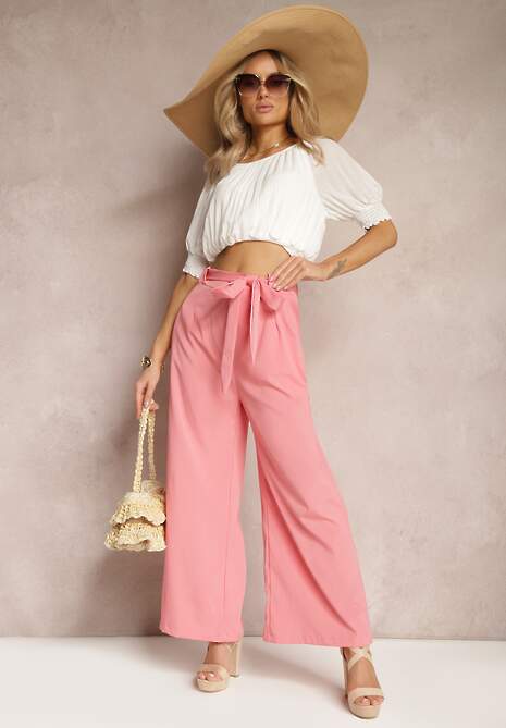 Różowe Szerokie Spodnie z Materiałowym Paskiem w Typie Paper Bag Lasette