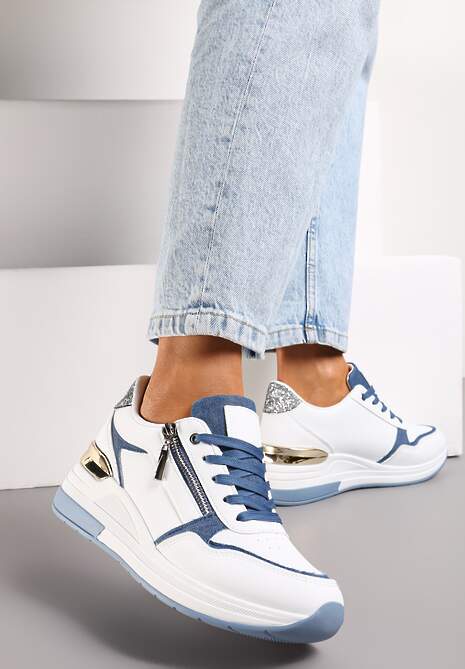 Biało-Niebieskie Sneakersy z Metaliczną i Brokatową Wstawką na Koturnie Neomalle