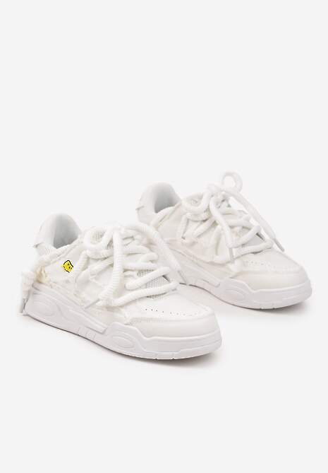 Białe Sneakersy z Perforacją i Materiałowymi Wstawkami z Ozdobnym Sznurowaniem Luneth 5