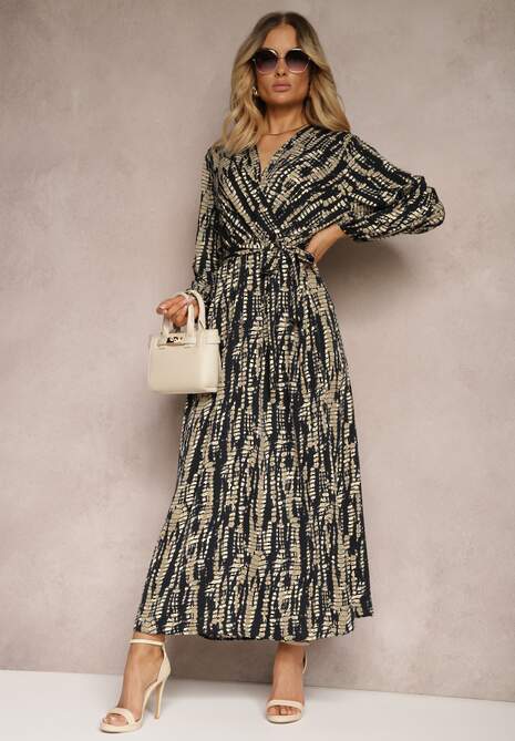 Granatowo-Beżowa Długa Kopertowa Sukienka z Abstrakcyjnym Motywem i Paskiem w Talii Delphinna