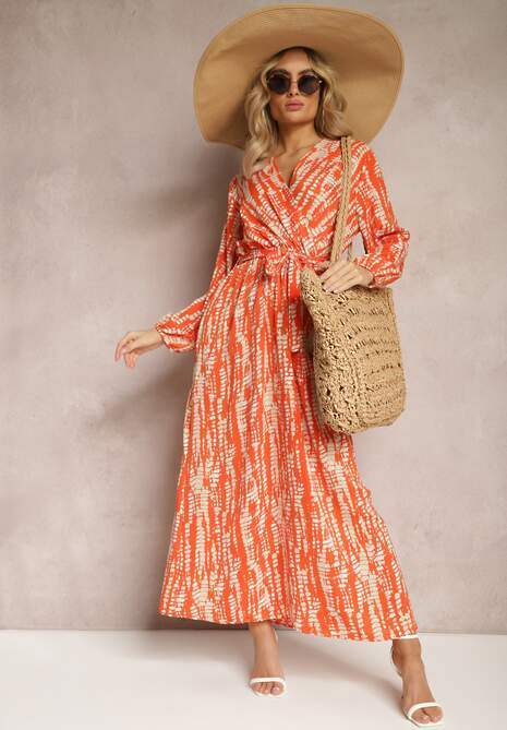 Pomarańczowa Długa Kopertowa Sukienka z Abstrakcyjnym Motywem i Paskiem w Talii Delphinna