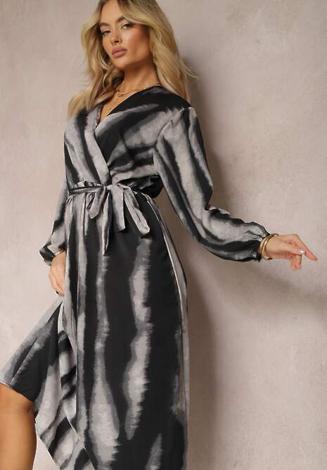 Czarno-Szara Rozkloszowana Sukienka Maxi z Kopertowym Dekoltem i Materiałowym Paskiem Efengia