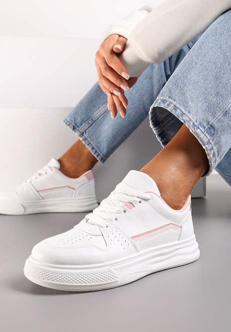 Biało-Różowe Sznurowane Sneakersy Ozdobione Perforacją i Przeszyciami Eglia