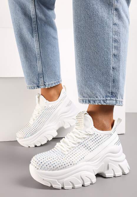 Białe Sneakersy na Platformie z Cholewką z Cyrkoniami Harilena