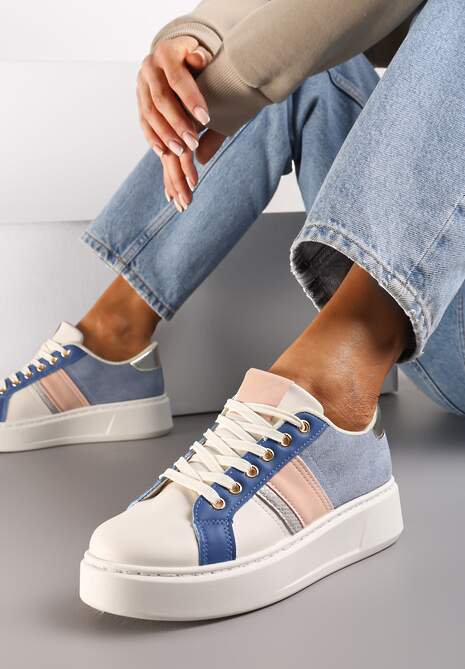 Biało-Niebieskie Buty Sneakersy  ze Złotymi Aplikacjami na Grubej Podeszwie z Ozdobną Wstawką Bordea