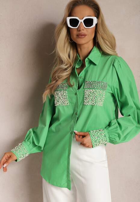 Zielona Koszula z Biżuteryjnymi Cyrkoniami i Perełkami Quezia