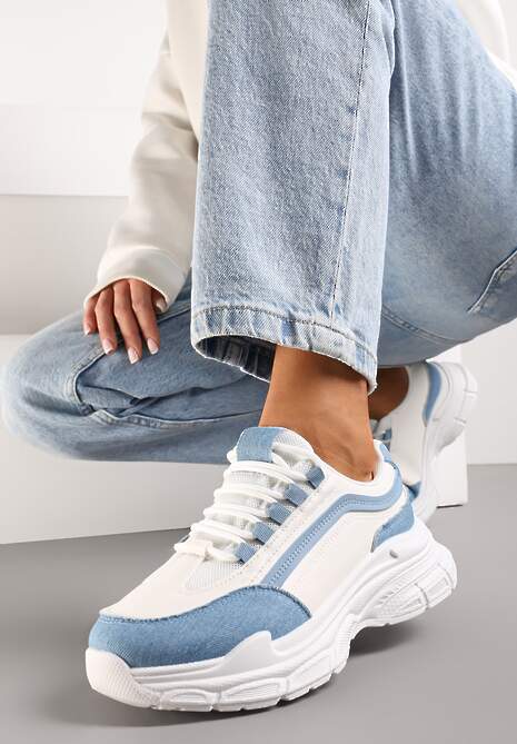 Biało-Niebieskie Casualowe Sneakersy z Ekoskóry z Ozdobnymi Wstawkami i Sznurowaniem Melindia