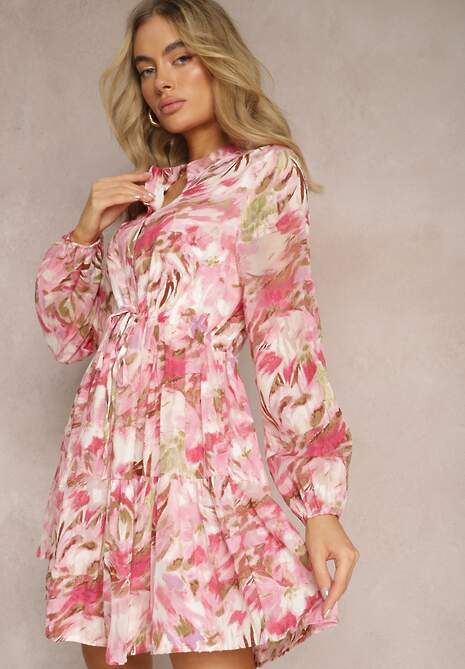 Rochie roz mini cu mâneci lungi și volan decorată cu imprimeu floral Nadkira 4