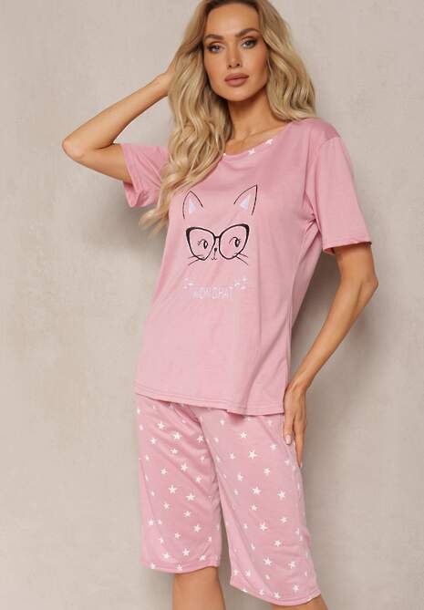 Różowy Komplet Piżamowy z Bawełny T-shirt z Nadrukiem i Kolarki Babiora