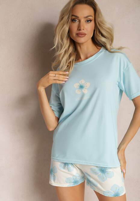 Niebieski Komplet Piżamowy Szorty i Koszulka z Krótkim Rękawem i Kwiatowym Motywem Loramia