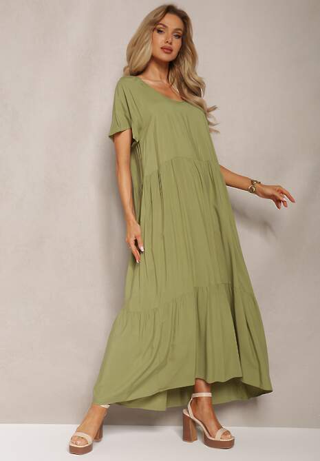Zielona Maxi Sukienka Rozkloszowana z Bawełny z Trójkątnym Dekoltem Eriwen